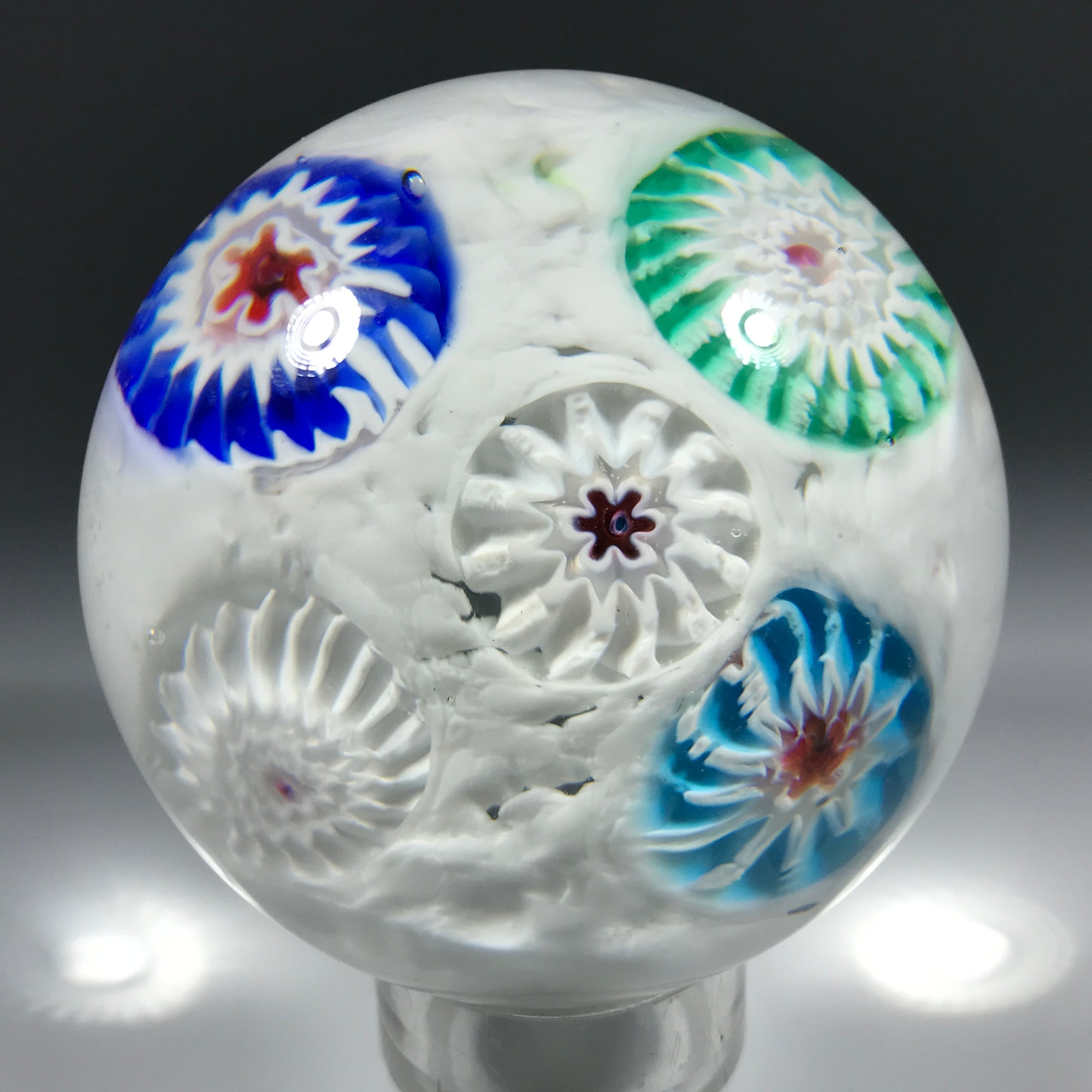 Vintage Murano Art Glass Paperweight Spaced Millefiori on White Ground