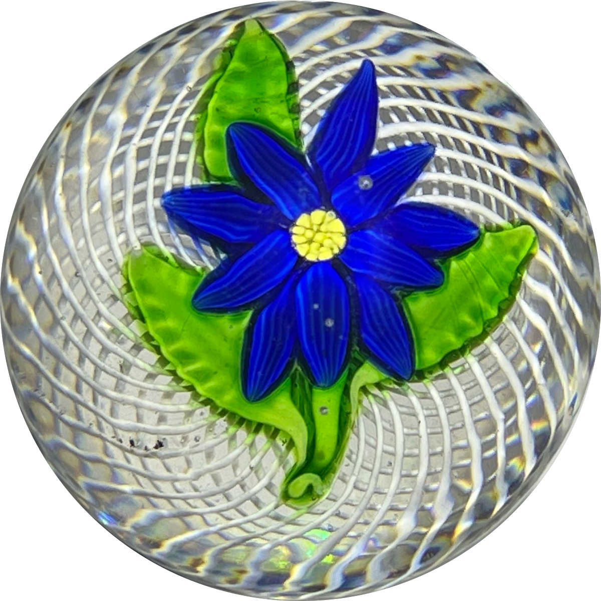 Antique Saint-Louis Miniature Lampwork Blue Clematis on White Spiral Filigree Basket