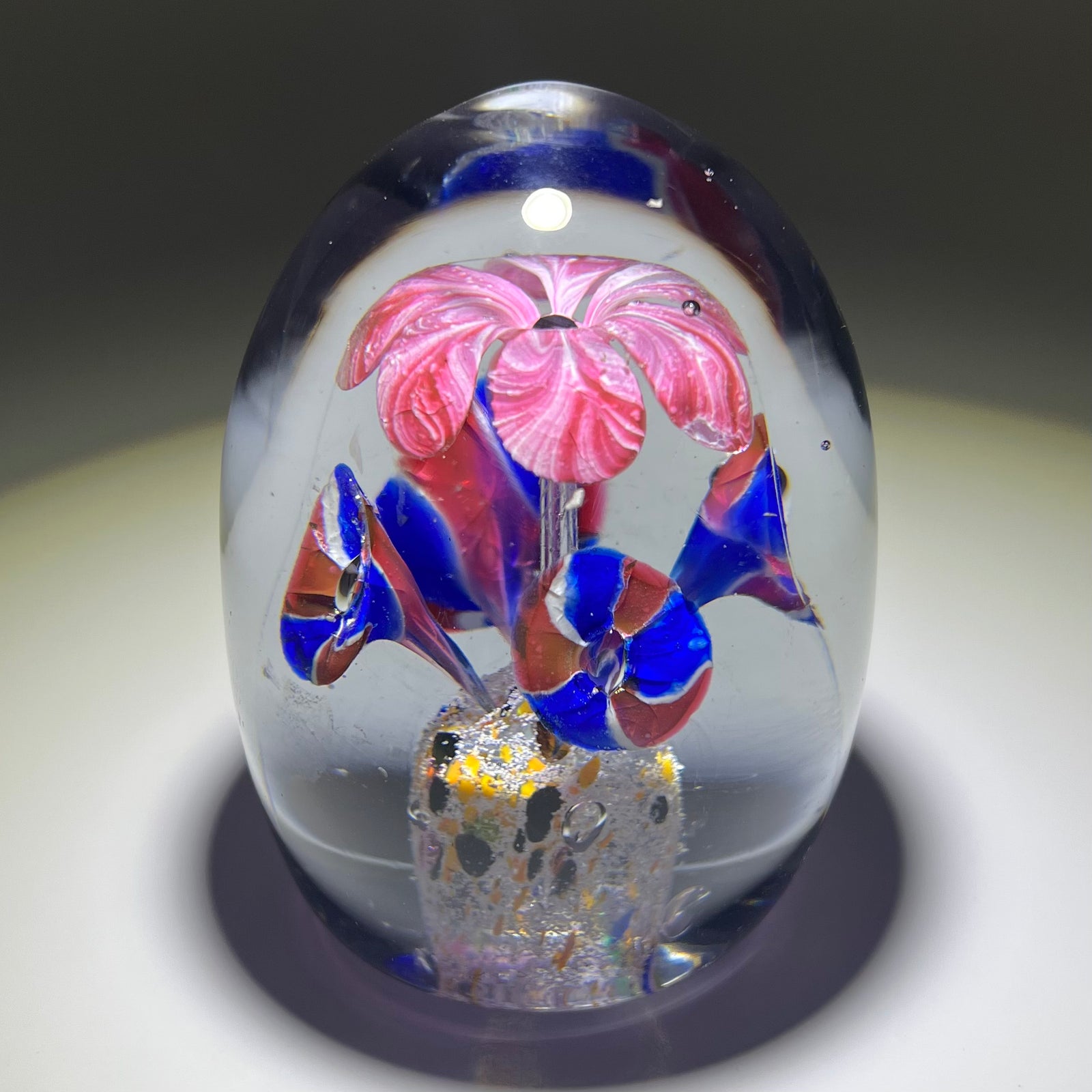 Large Antique Czech Glass Art Paperweight Pink, Blue & Red Striped Trumpet Flowers