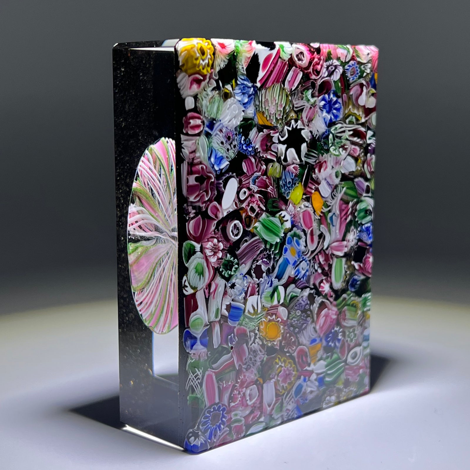 Tomasz Gondek 2020 Glass Art Paperweight Faceted Double Sided Rectangular Plaque Millefiori Scramble & Latticinio Rondel