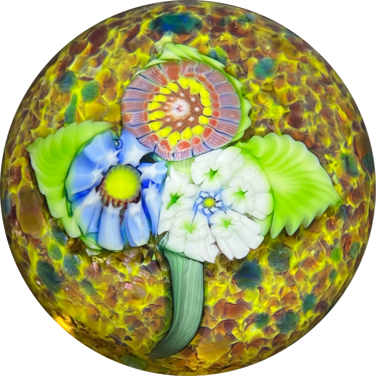 Signed Chris Sherwin Glass Art Paperweight Nosegay on Frit Ground