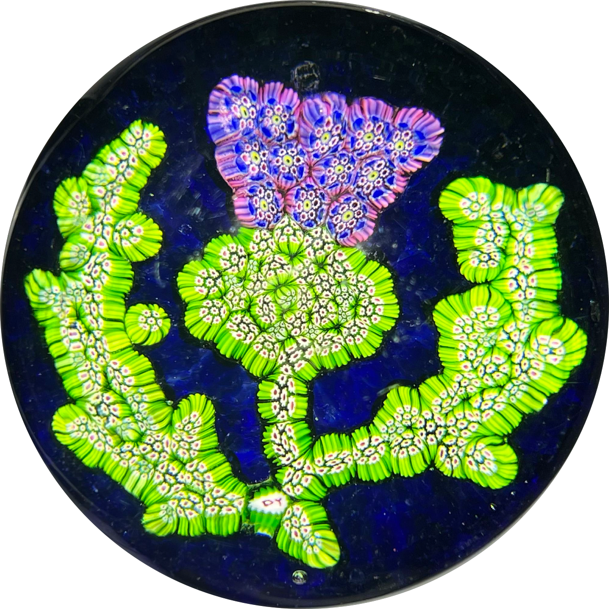 Very Rare Paul Ysart Moncrieff Period Glass Art Paperweight Complex Millefiori Composite Scottish Thistle on Blue