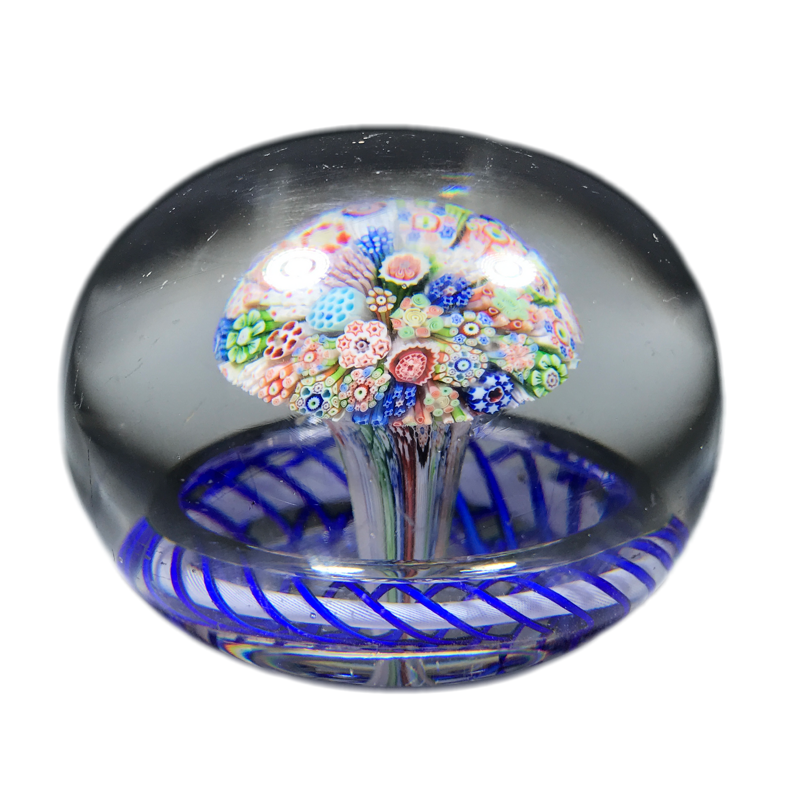 Antique Baccarat Art Glass Paperweight Closepack Millefiori Mushroom with Blue Torsade