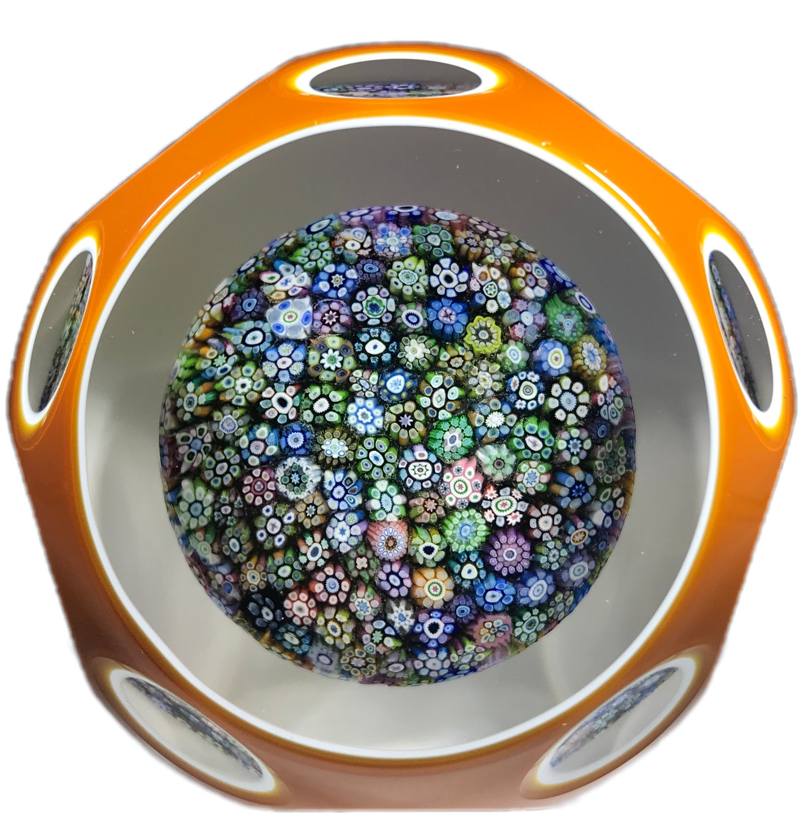 Perthshire Art Glass Paperweight Closepack complex Millefiori with Faceted Amber Overlay