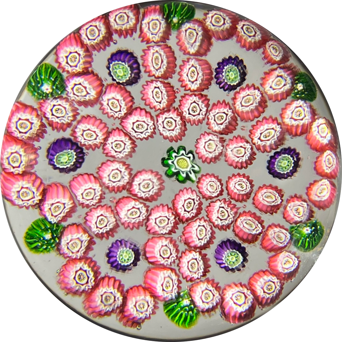 Large Antique Clichy Glass Art Paperweight Six Lobed Pink Garland with Purple & Green millefiori Accents