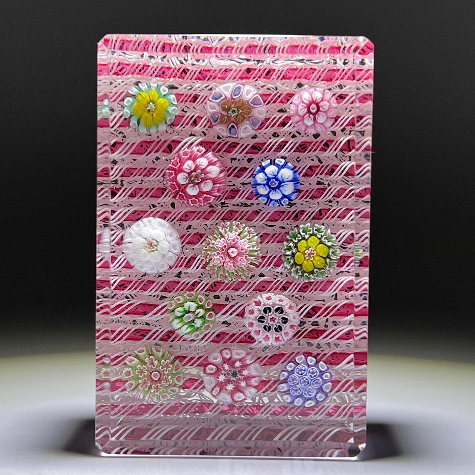 Tomasz Gondek 2020 Glass Art Paperweight Complex Spaced Millefiori Set over Parallel Laid Pink & White Latticinio