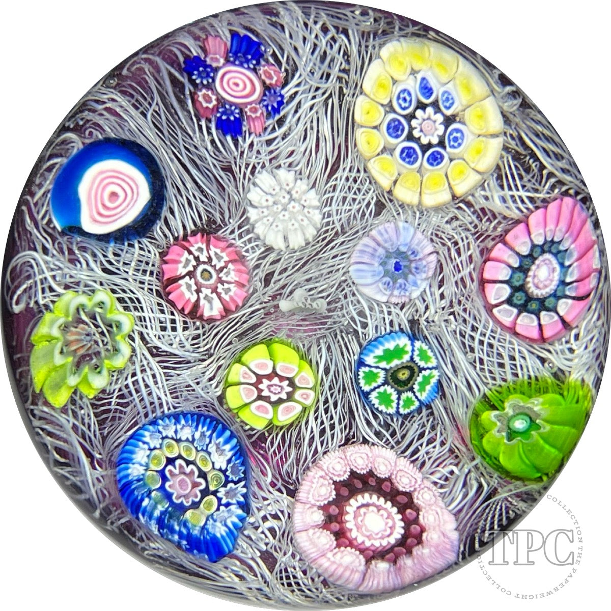 Perthshire Paperweights 1971 PP12 Open Concentric Millefiori on Upset White Muslin with Transparent Purple Ground