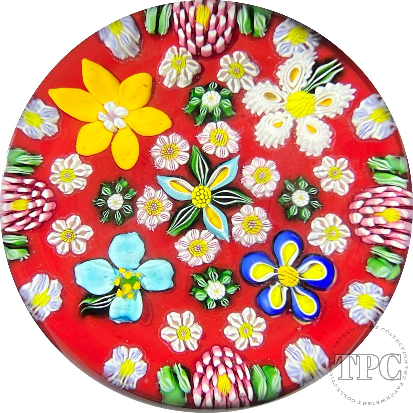 Drew Ebelhare & Sue Fox 2019 Glass Art Paperweight Patterned Flamework Flowers and Complex Millefiori on Red Ground