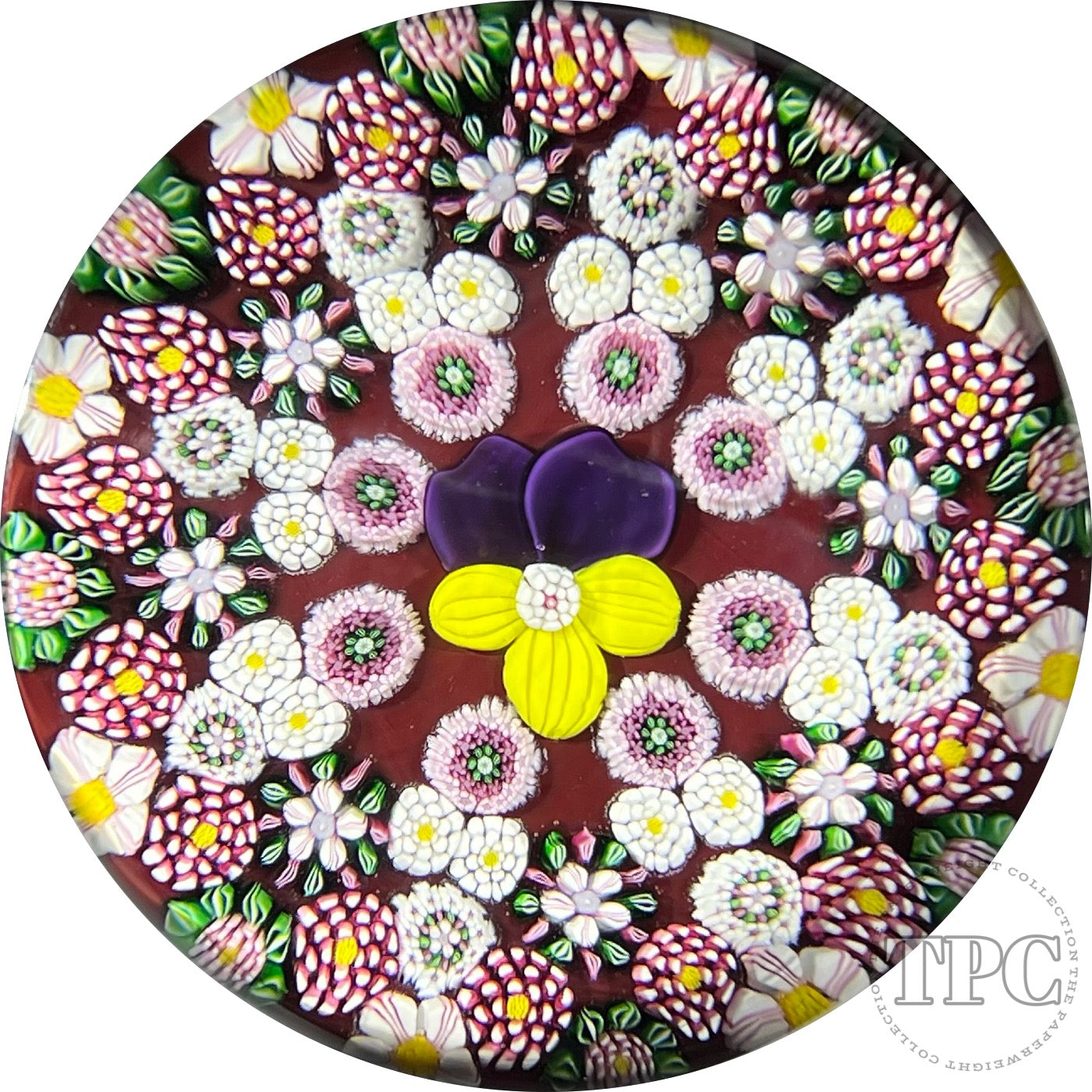 Drew Ebelhare & Sue Fox 2014 Glass Art Paperweight Flamework Pansy with Complex Millefiori on Burgundy Ground