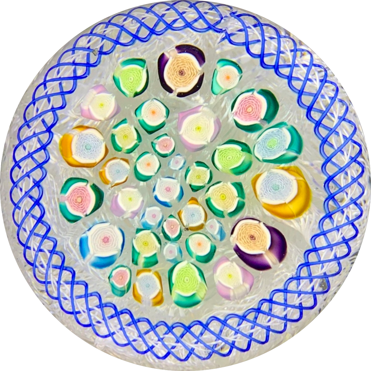 John Deacons 2019 Millefiori “Rose Garden” on Upset Muslin Lace Glass Art Paperweight