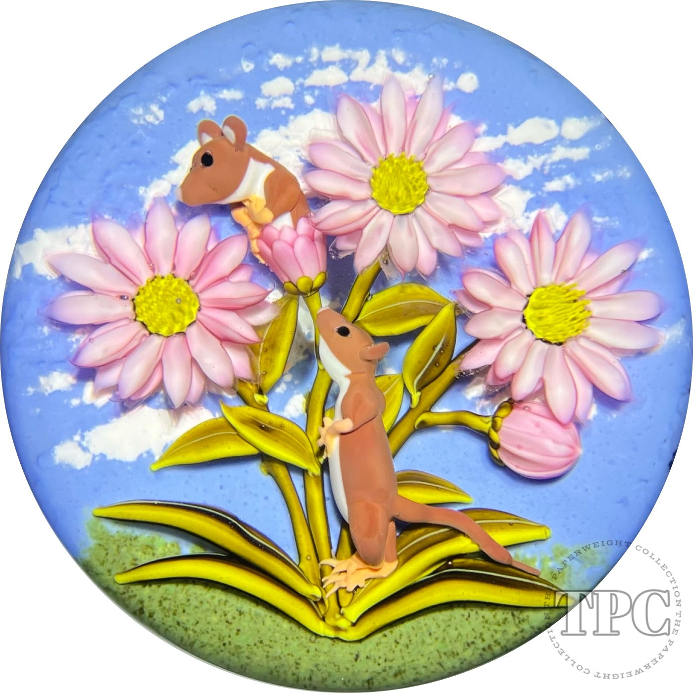 Clinton Smith 2022 Glass Art Paperweight Flamework Field Mice Frolicking in Pink Daisies
