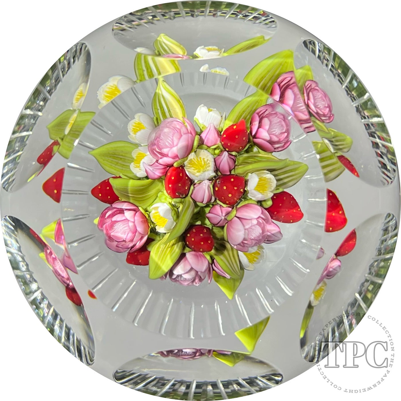 Clinton Smith 2022 Glass Art Paperweight Flamework Strawberry Bouquet with Fancy Faceting