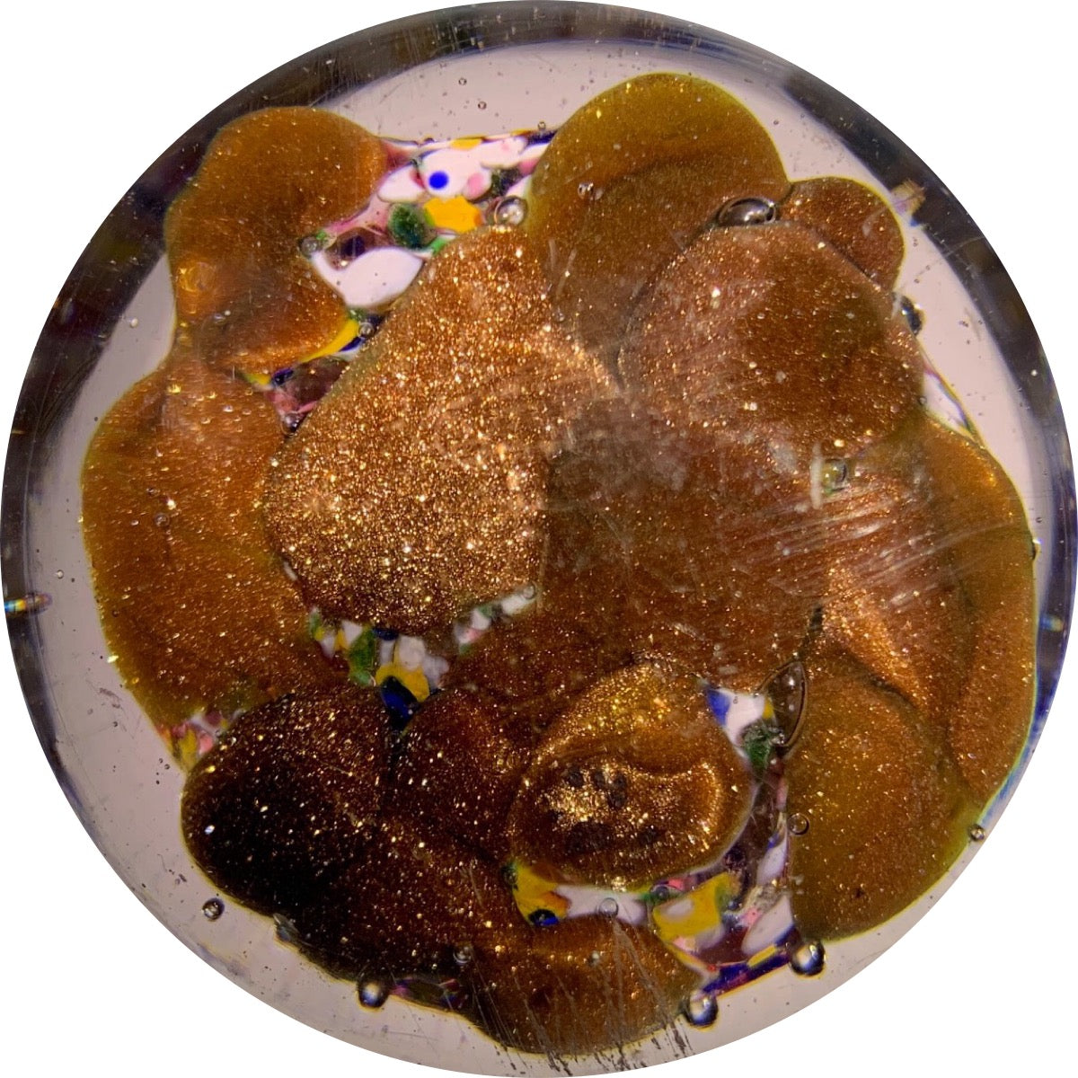 Antique Thuringian Art Glass Paperweight with Gobs of Aventurine Set on Colorful Spatter Ground