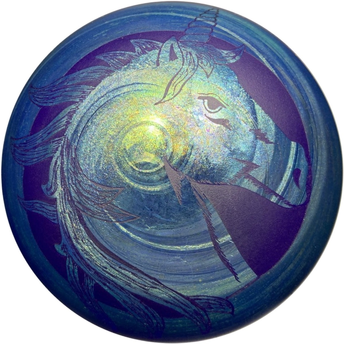 Barry Sautner for Vandermark Merritt Iridescent Blue Engraved Unicorn