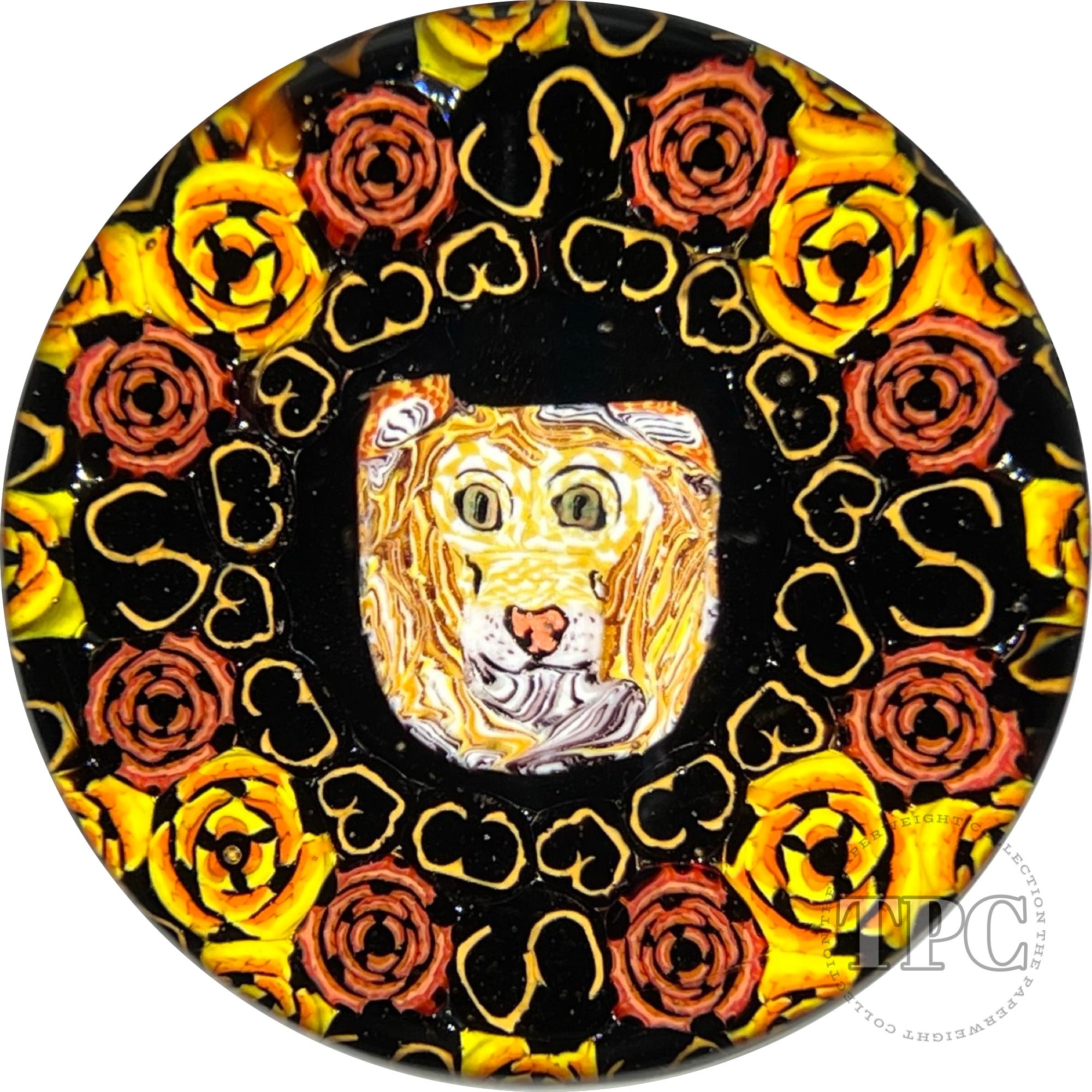 Christina Callahan Glass Art Paperweight Concentric Figural Murrine Regal Lion and Roses