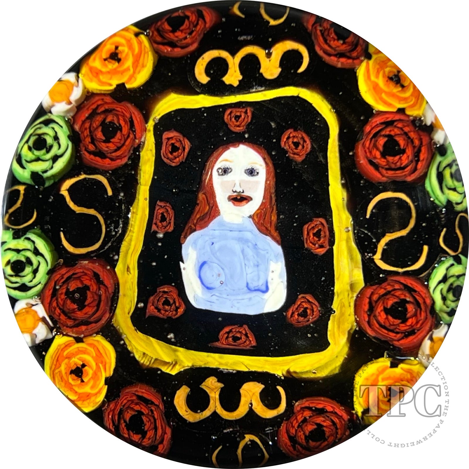 Christina Callahan Glass Art Paperweight Detailed Murrine Woman with Red Hair in Blue with Roses