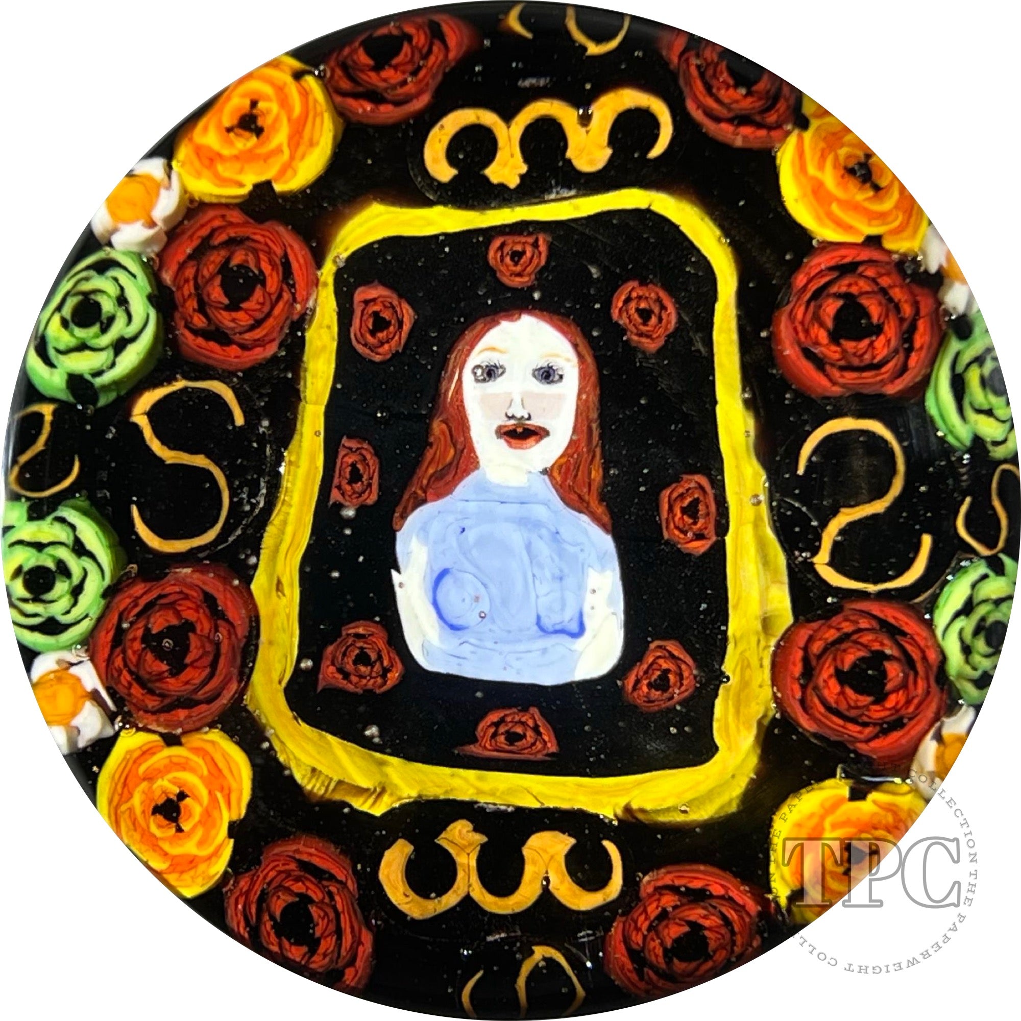 Christina Callahan Glass Art Paperweight Detailed Murrine Woman with Red Hair in Blue with Roses