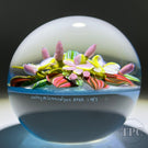 Cathy Richardson 2022 Glass Art Paperweight Flamework Pink & Yellow Plumeria Flowers on Blue