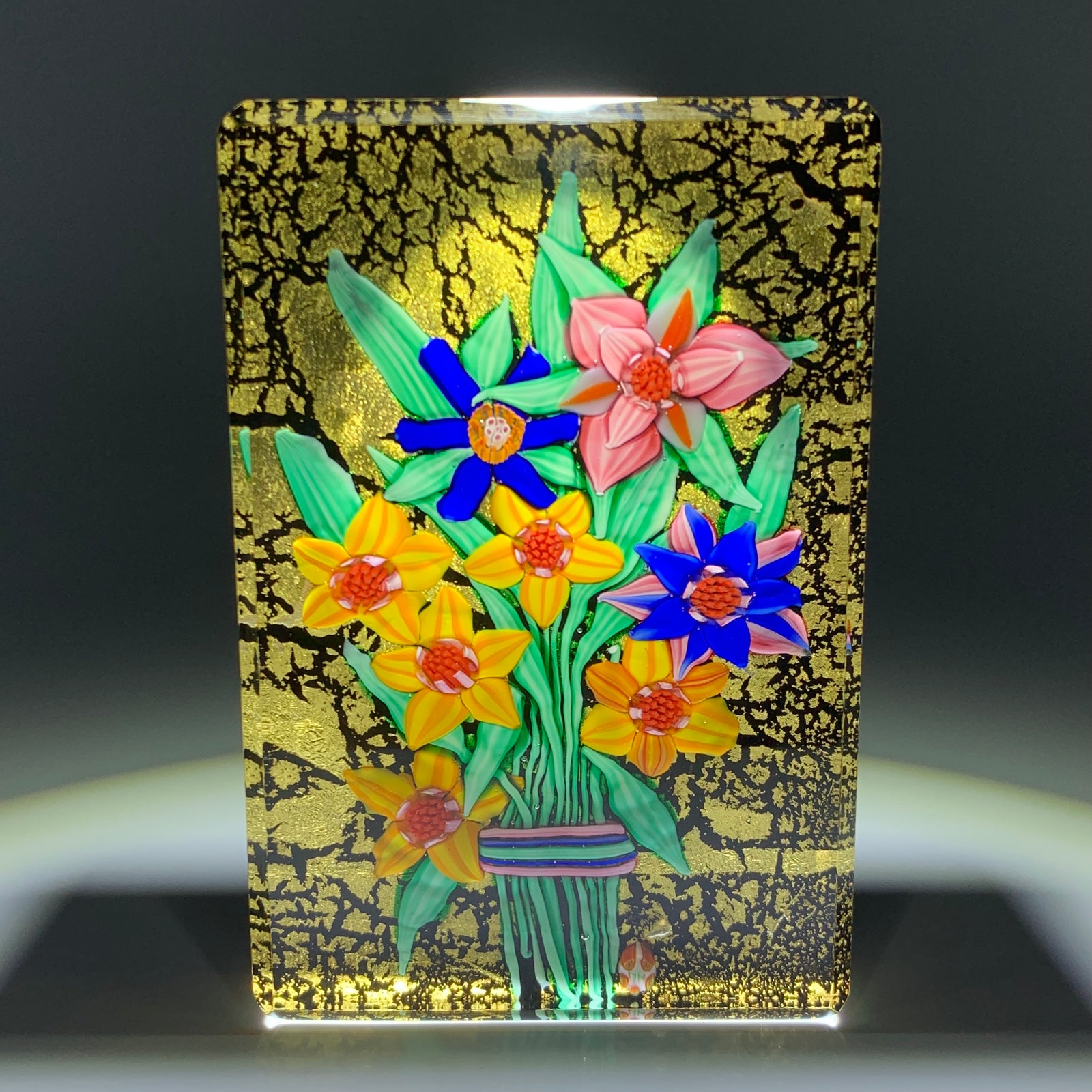 Mickael Hingant 2020 Flamework Flowers on Gold Leaf Plaque Cold-Work by Jim Poore