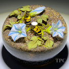 Paul Stankard 1993 Glass Art Paperweight Naturalistic Flamework Blue Morning Glory Flowers With Two Honey Bees & Root People