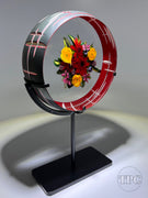 Melissa Ayotte Glass Art Circulus Sculpture with Flamework Flowers & Red Rain Frank Lloyd Wright Style Cutting