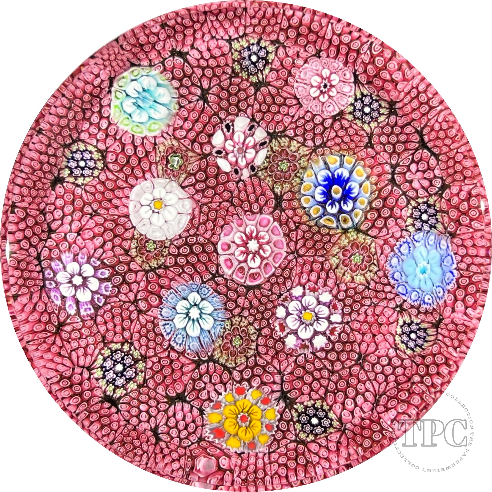 Tomasz Gondek 2022 Glass Art Paperweight Plaque Scattered Complex Millefiori on Red Coral Ground