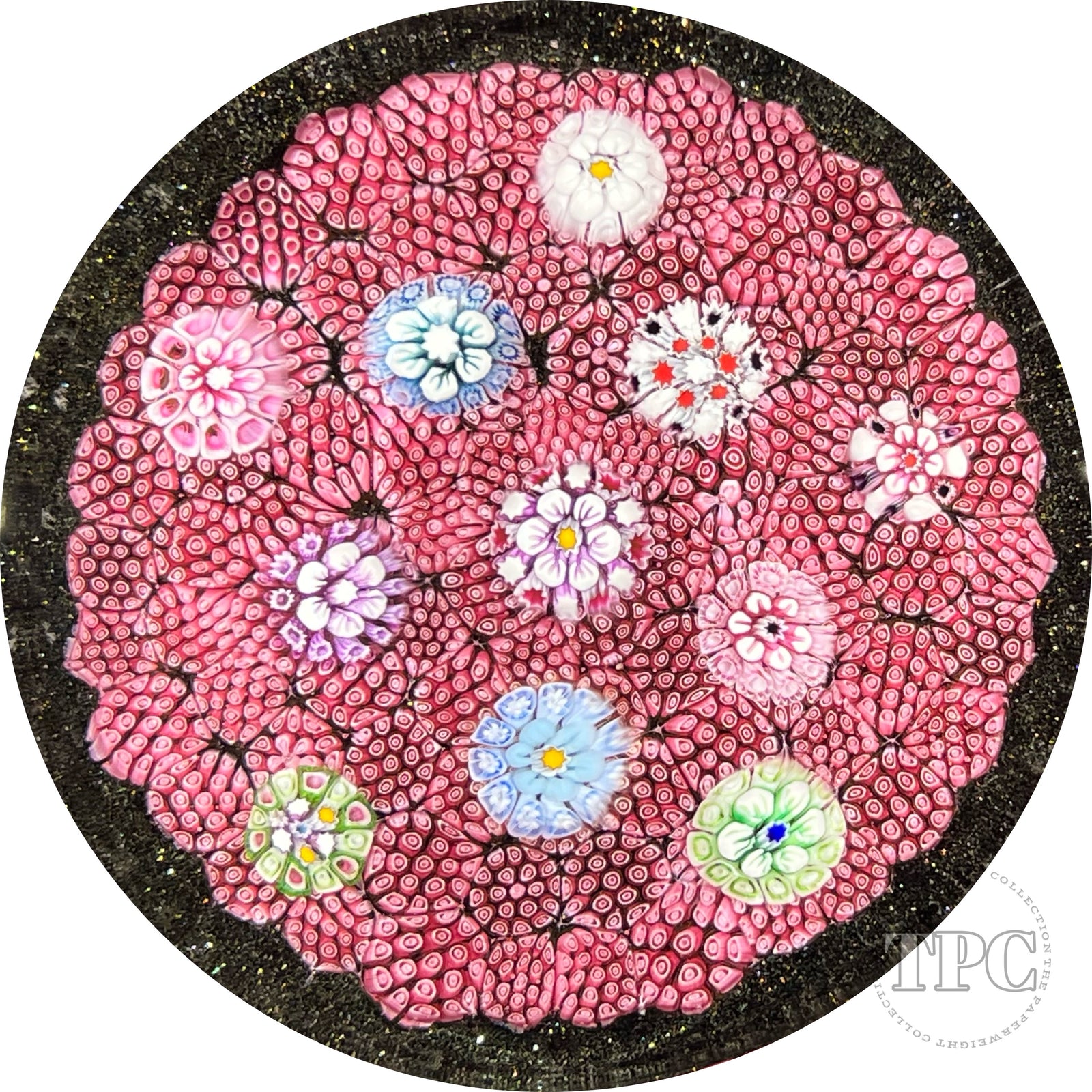 Tomasz Gondek 2022 Glass Art Paperweight Plaque Scattered Complex Millefiori on Red Coral Ground