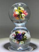 Melissa Ayotte Glass Art Sculpture Stacked Double Orb Hourglass with All Around Flamework Flowers