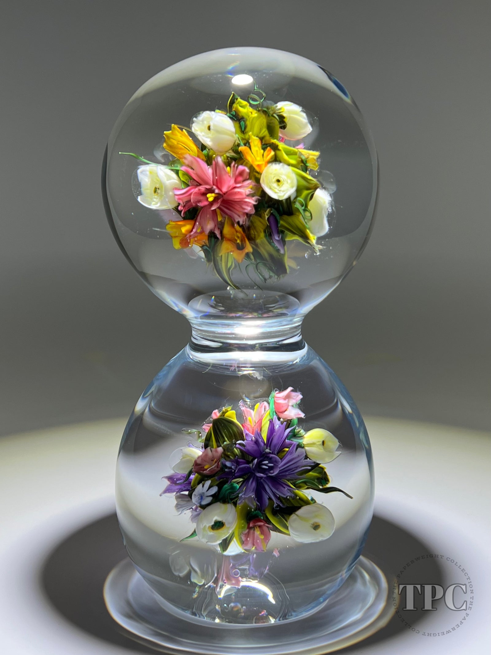 Melissa Ayotte Glass Art Sculpture Stacked Double Orb Hourglass with All Around Flamework Flowers