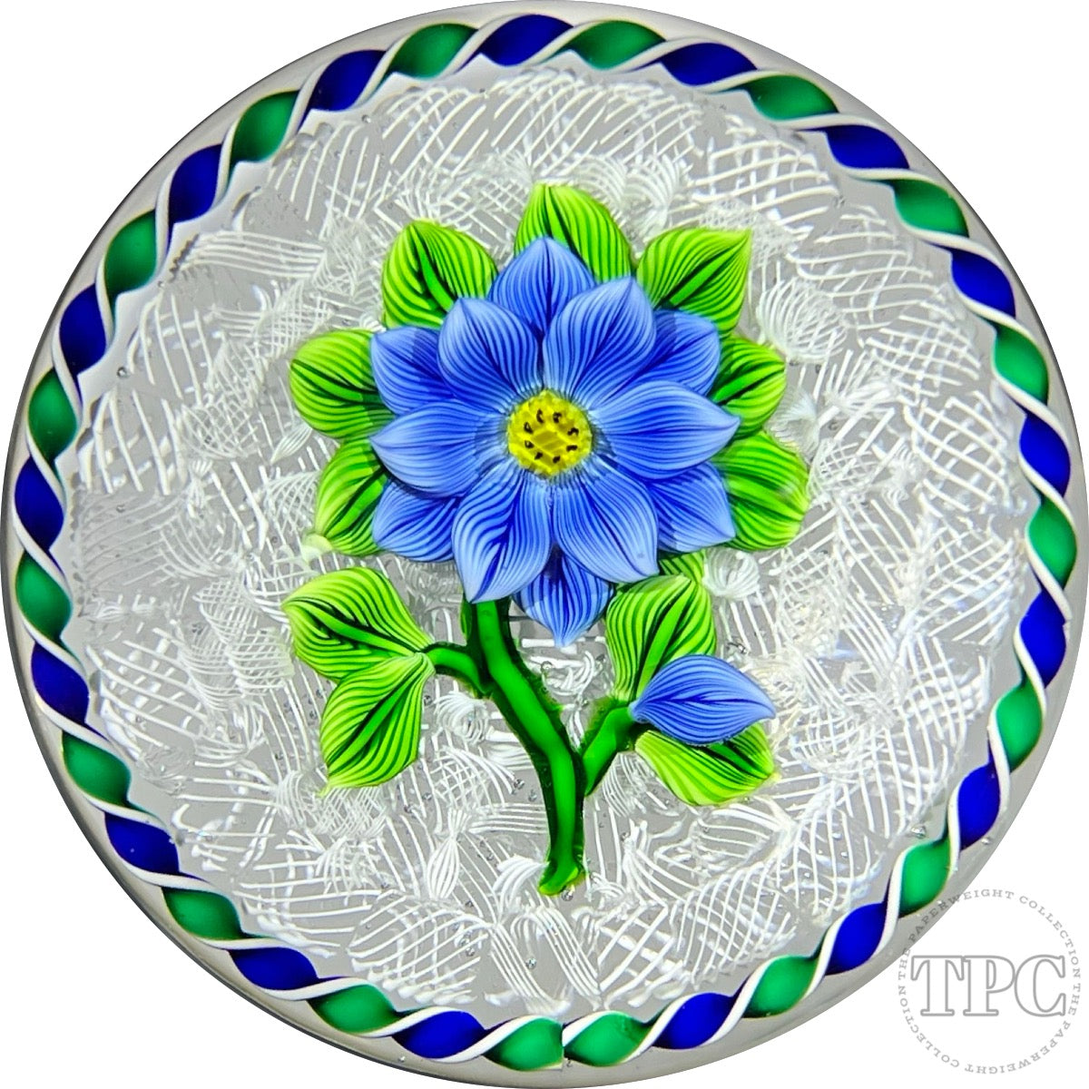 Bob Banford Glass Art Paperweight Flamework Blue Clematis Flower on White Upset Muslin Lace & Ribbon Torsade