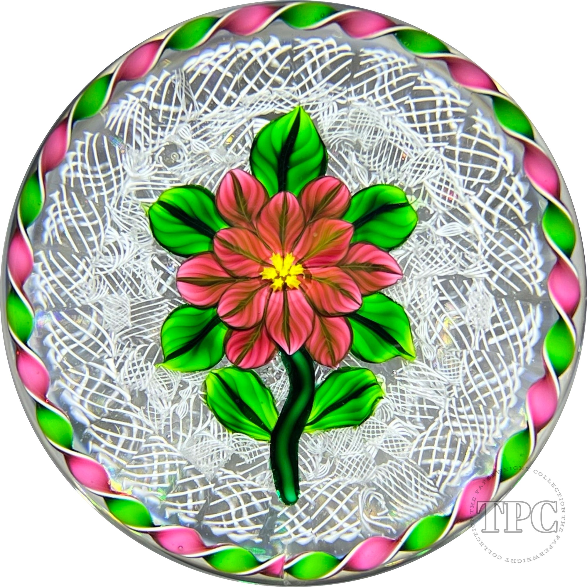 Bob Banford Glass Art Paperweight Flamework Red Clematis Flower on White Upset Muslin Lace & Ribbon Torsade