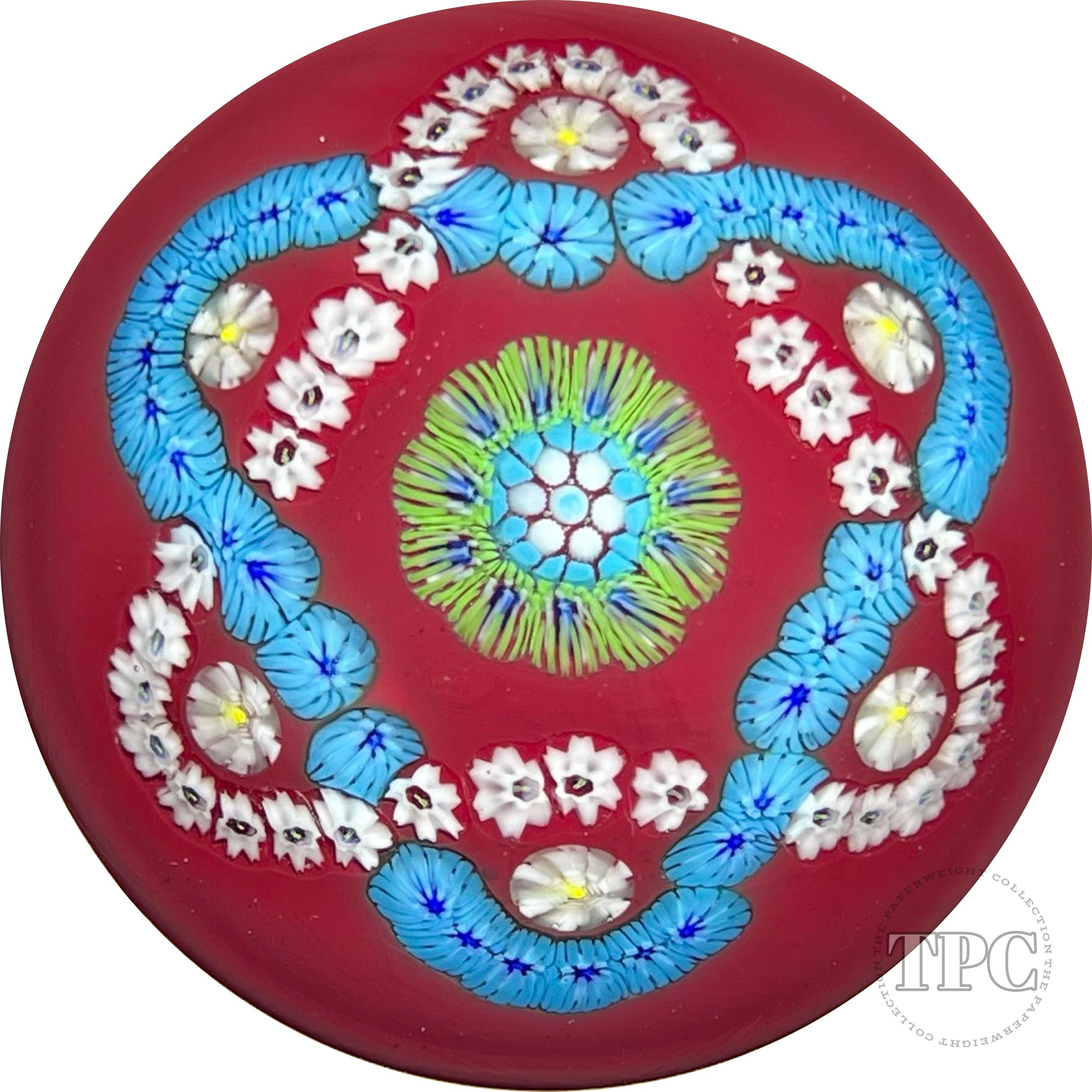 Drew Ebelhare 1996 Glass Art Paperweight Interlaced Trefoil Millefiori Garland on Opaque Red Ground