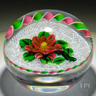 Bob Banford Glass Art Paperweight Flamework Red Clematis Flower on White Upset Muslin Lace & Ribbon Torsade