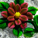 Bob Banford Glass Art Paperweight Flamework Red Clematis Flower on White Upset Muslin Lace & Ribbon Torsade