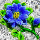 Bob Banford Glass Art Paperweight Flamework Blue Clematis Flower on White Upset Muslin Lace & Ribbon Torsade