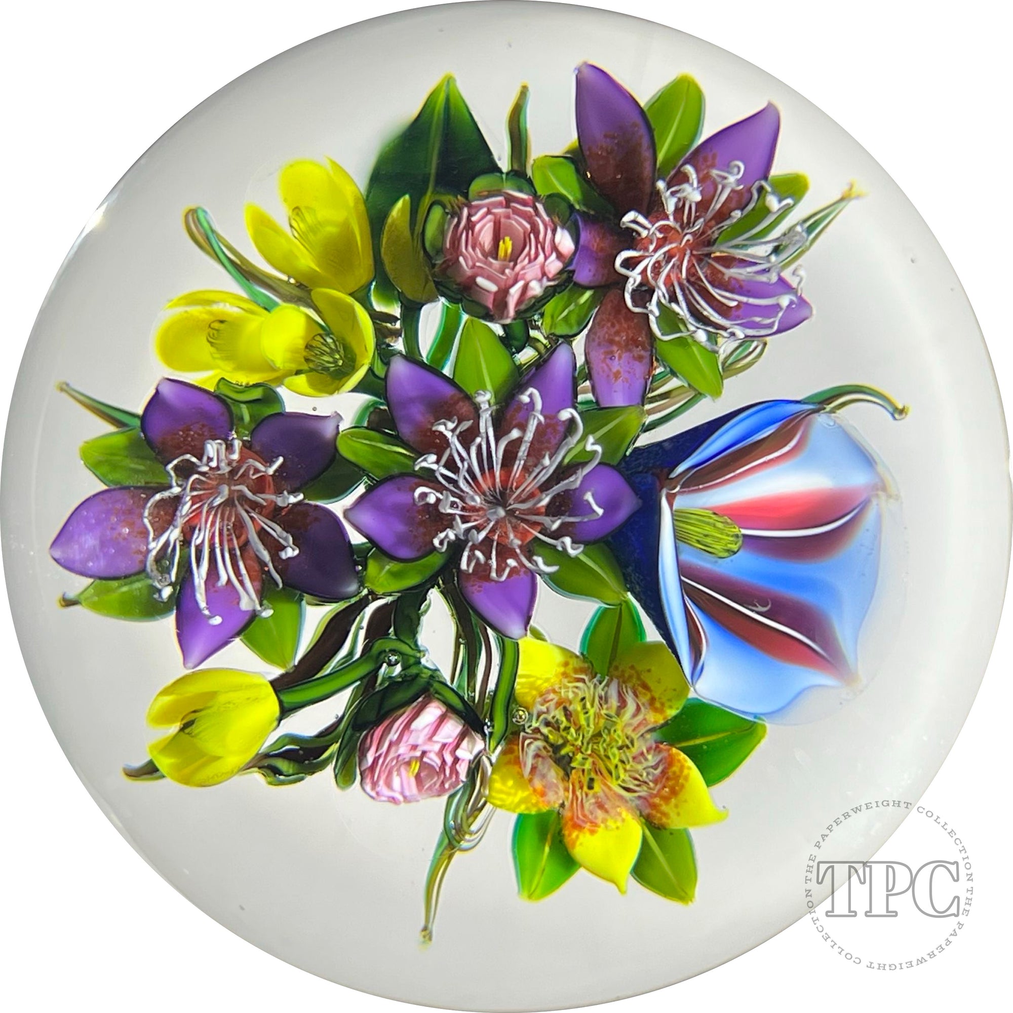 Ken Rosenfeld 2022 Glass Art Paperweight Flamework Morning Glory and Columbine Bouquet with Pink Clichy Roses