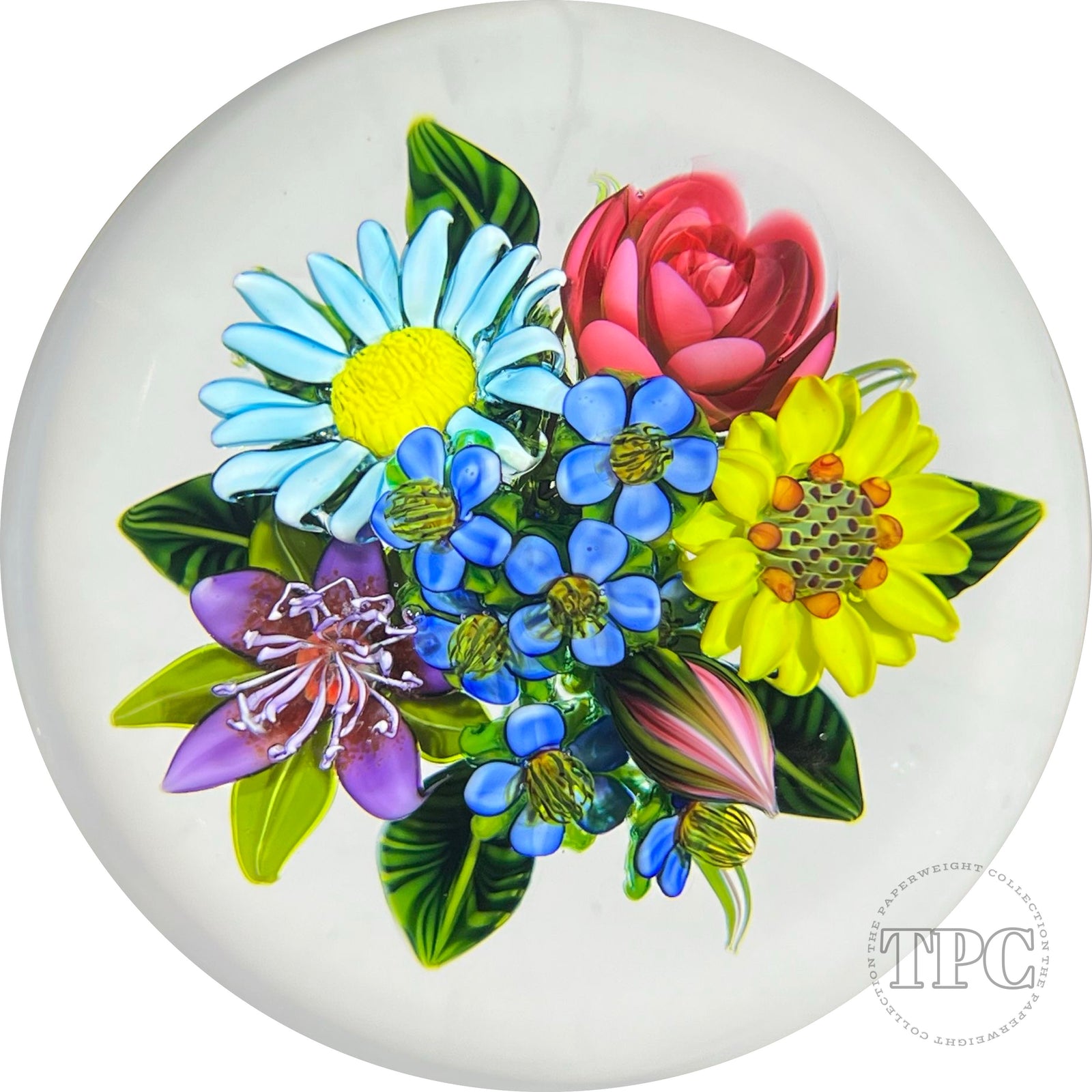 Ken Rosenfeld 2022 Glass Art Paperweight Flamework Flower Bouquet with Daisies & Pink Rose