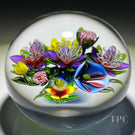 Ken Rosenfeld 2022 Glass Art Paperweight Flamework Morning Glory and Columbine Bouquet with Pink Clichy Roses