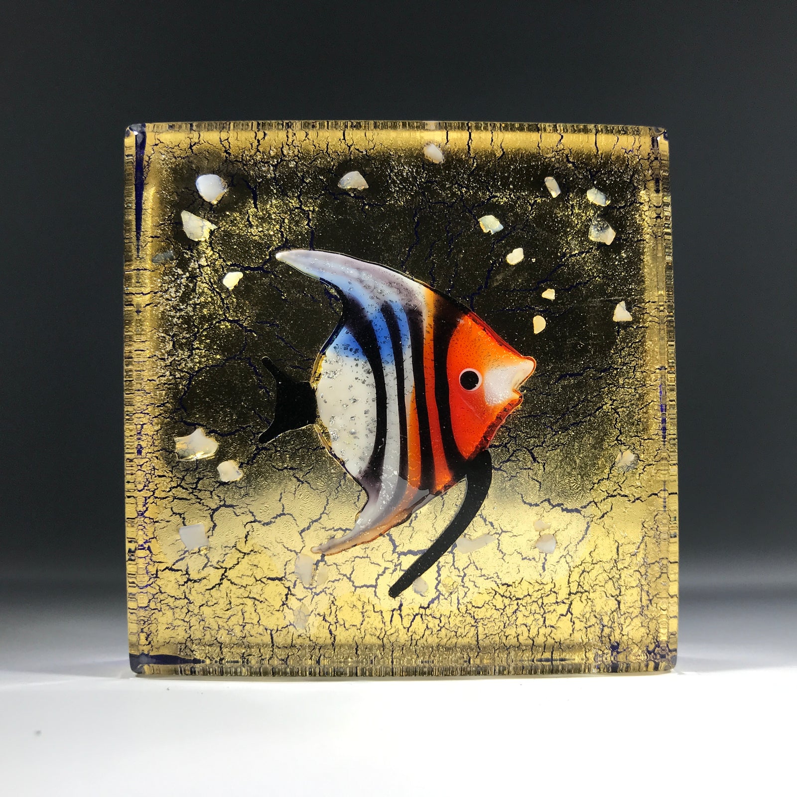 Contemporary Murano Art Glass Paperweight Lampwork Tropical Fish Block with Gold Foil