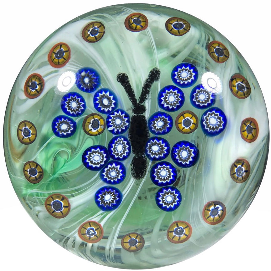 Vintage Gentile Art Glass Paperweight Millefiori Butterfly on Mottled Green Ground