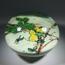 Early 20th Century Chinese Magnum Art Glass Paperweight Painted White Ground Cricket on Squash Trellis