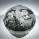 Antique American Art Glass Paperweight Photo Plaque Youth in Civil War Uniforms & Rifle