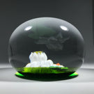 Baccarat 1977 Art Glass Paperweight Lampwork Waterlilies on Translucent Green Pond