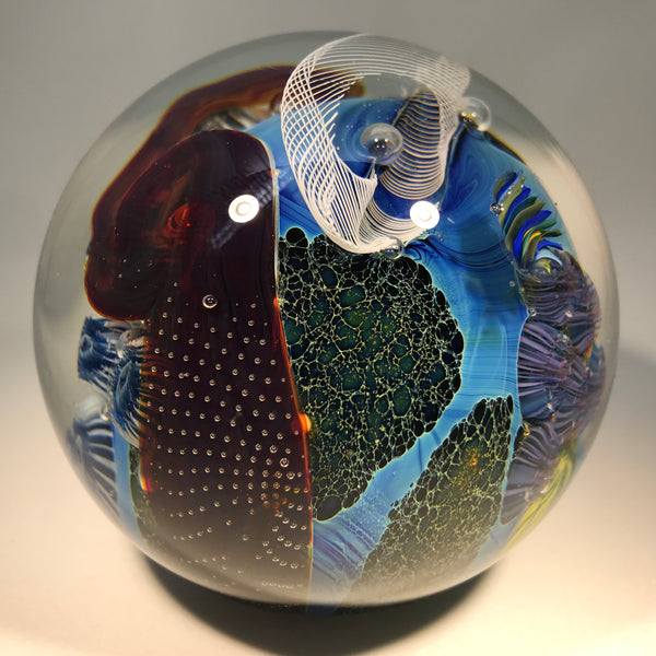 Signed Josh Simpson Art Glass Paperweight Complex Inhabited Planet w/
