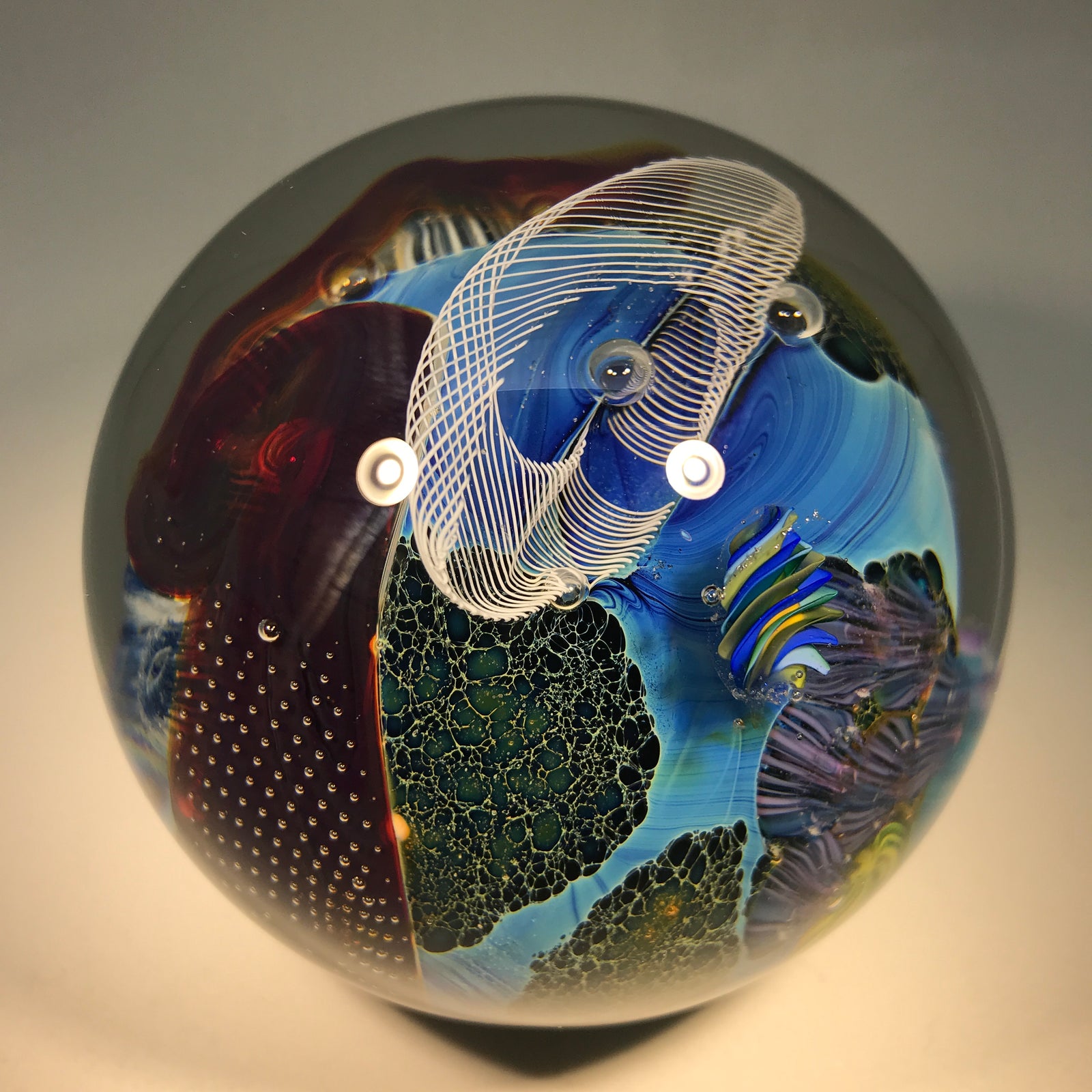 Signed Josh Simpson Art Glass Paperweight Complex Inhabited Planet w/ Millefiori