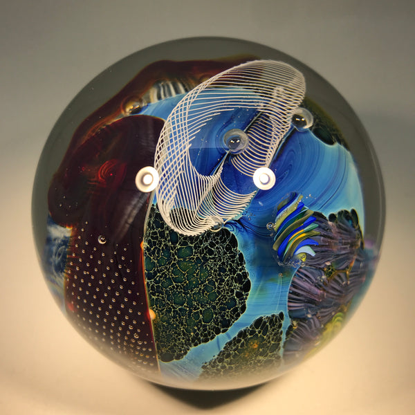 Signed Josh Simpson Art Glass Paperweight Complex Inhabited Planet w/