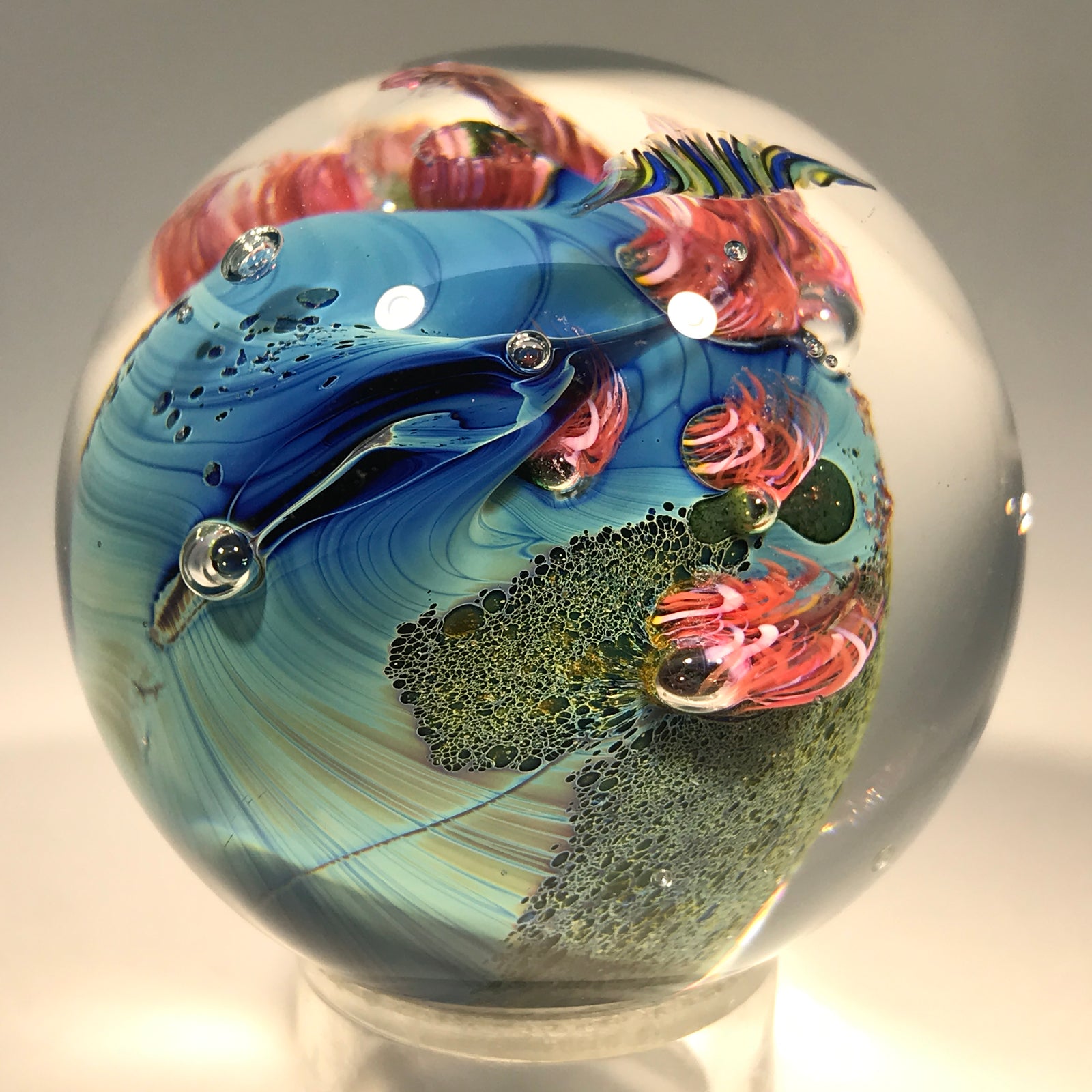 Signed Josh Simpson Art Glass Marble Complex Inhabited Planet w/ Millefiori