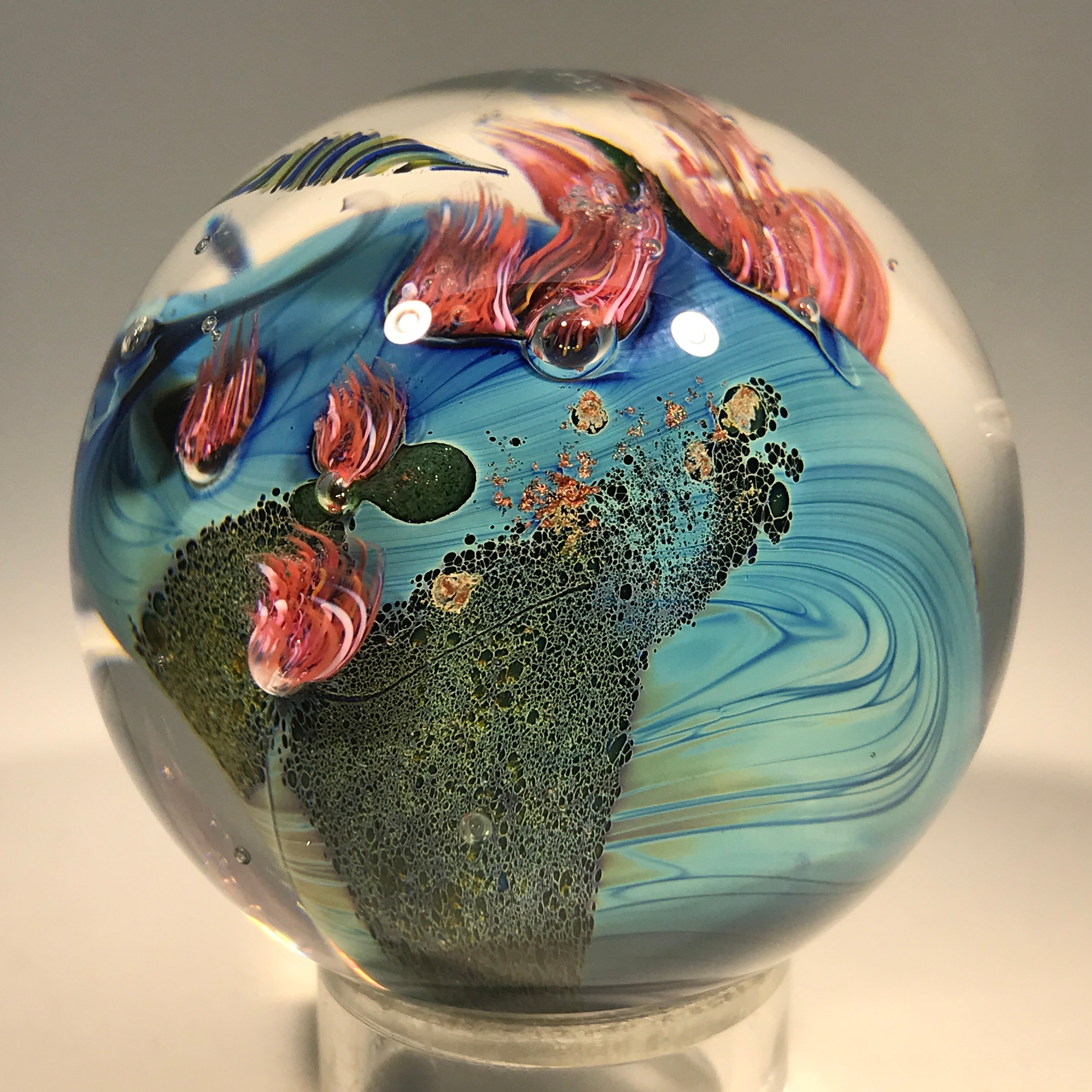 Signed Josh Simpson Art Glass Marble Complex Inhabited Planet w/ Mille