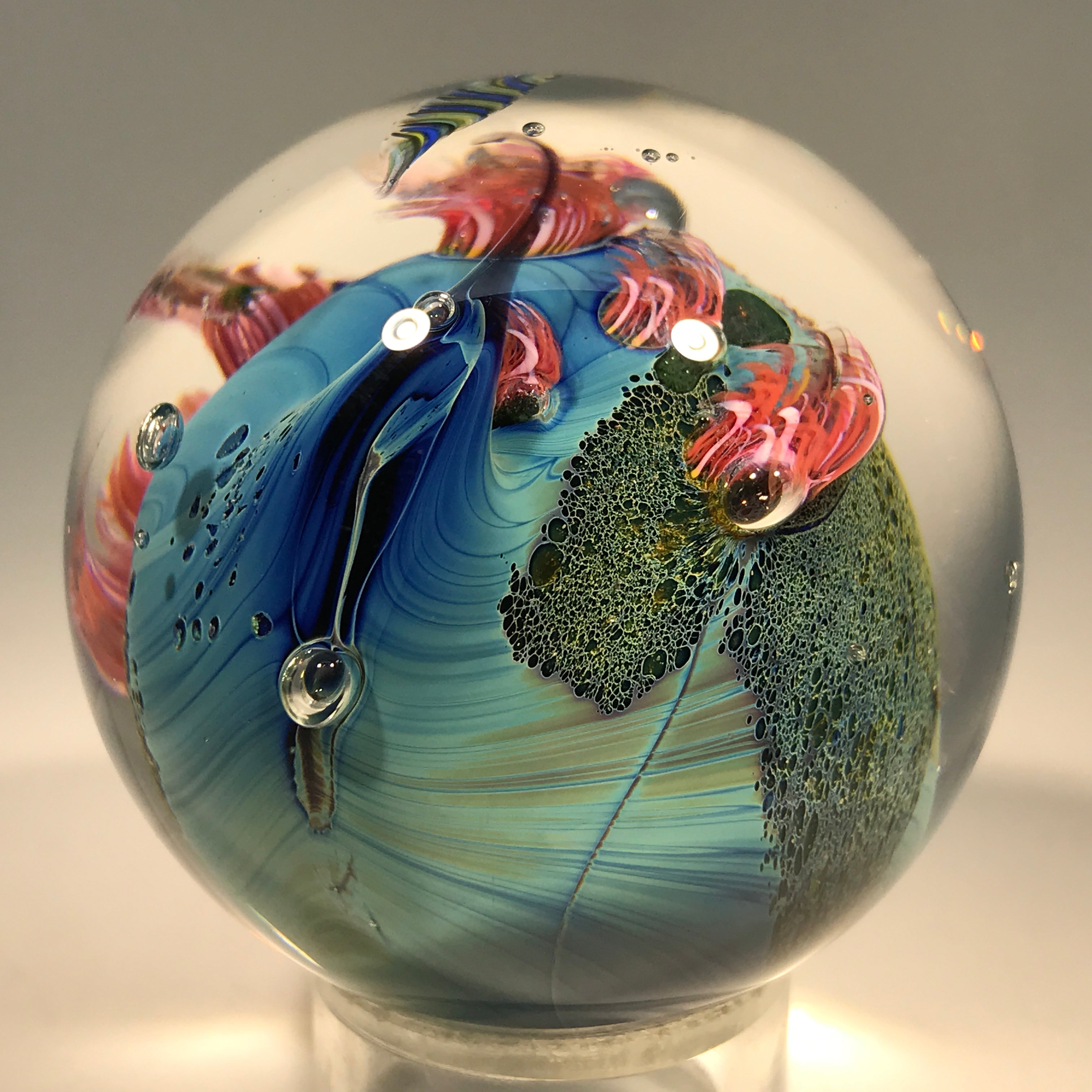 Signed Josh Simpson Art Glass Marble Complex Inhabited Planet w/ Mille