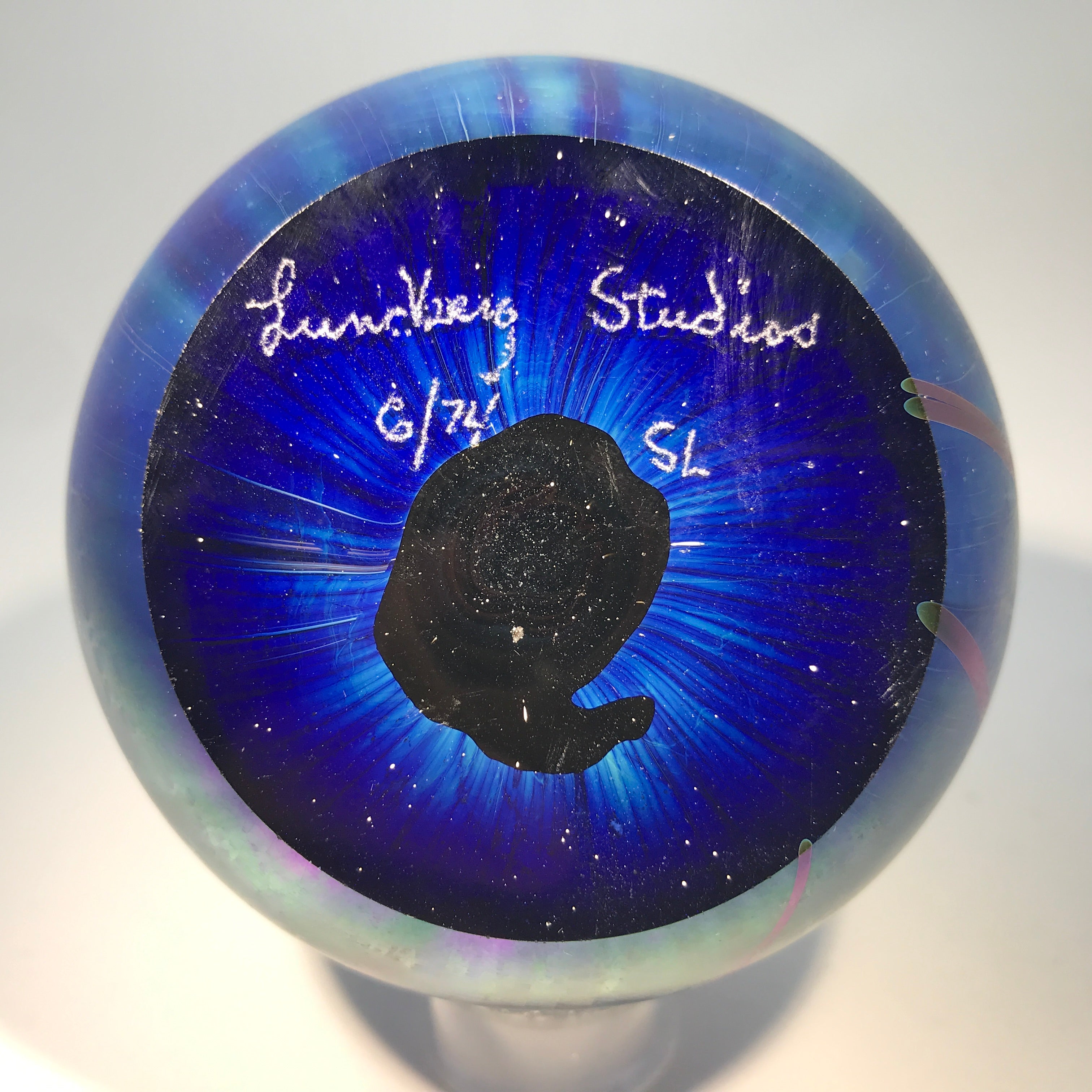 Early Signed Steven Lundberg Studios Art Glass Paperweight Iridescent